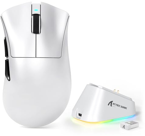 ATTACK SHARK V3PRO Kabellose Gaming Maus, Magnetischer Ladestation, Weiß A | PAW3311-Sensor, BT/2,4 GHz/USB-C, 62g Leicht, 500 mAh Akku, 25,000 DPI Lightspeed Gamer Office für PC/Mac
