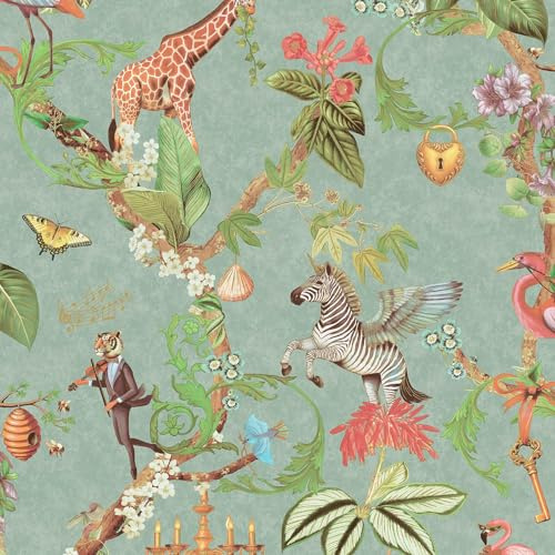 Holden Safari Symphony Bold Mistical Animals Style Colourful Motif Quirky Wallpaper for Nurseries, Living Rooms, Feature Walls Soft Teal (14262)