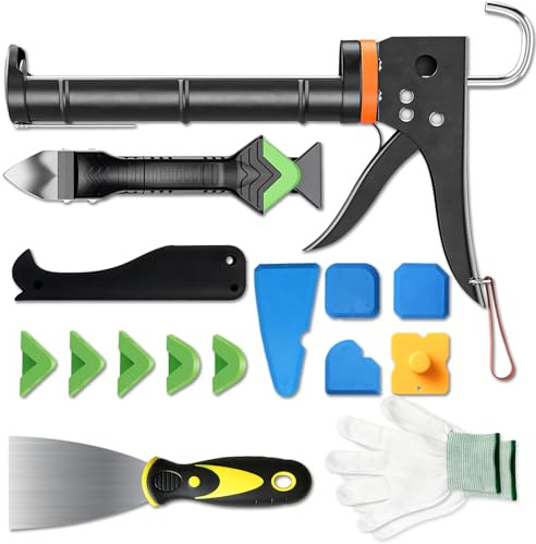 YTACREA 15-delad droppfri patronpress-set, silikonfogsset med silikonpistol professionell, fogspatel, verktyg för att ta bort tätningsmassa, 1 par handskar levereras, silikonset