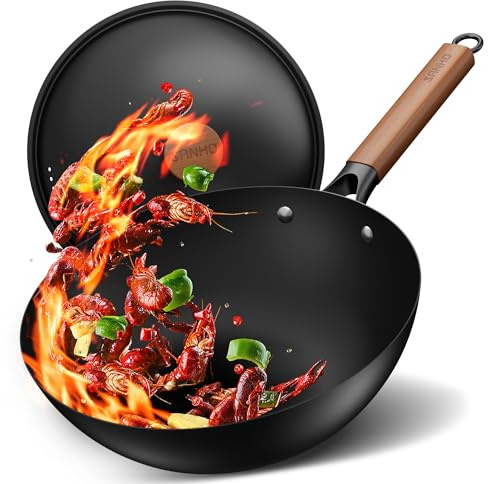 Sanho Carbon Steel Wok with Lid - 30cm/3.8L Non Stick Wok, Pre-Seasoned & 0 Chemical Coating, Healthy Stir Fry Pan for All Hobs (Gas, Induction (<800W), Electric, Ceramic), Multipurpose Cooking