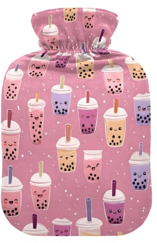 Cute Boba Bubble Tea Pink Hot Water Bottle with Velvet Cover Hot Water Bag for Pain Relief 1L, Neck Cramps Shoulders Pain Relief, Hot Cold Pack