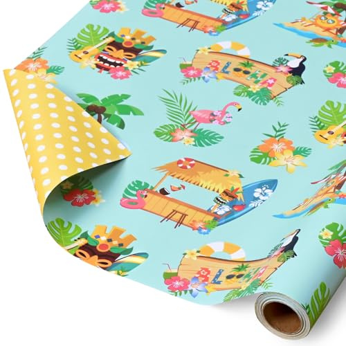 WERNNSAI Hawaiian Aloha Wrapping Paper Ropical Birthday Wrap Paper for Kids | 1 Roll 43cm x 10m Adult Reversible Yellow Gift Wrap Beach Summer Present Packing Decor Luau Party Baby Shower