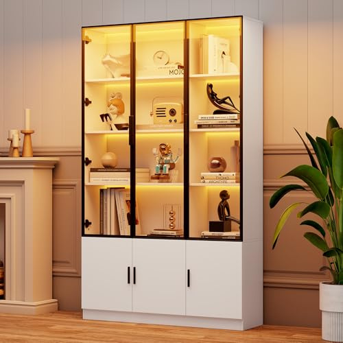 Dolamaní Vitrine Schrank mit LED Beleuchtung, Glassvitrine 120x32x200 cm, glasvitrine groß mit 6 Schranktüren für Wohnzimmer, Schlafzimmer, Eingang (Weiß A)