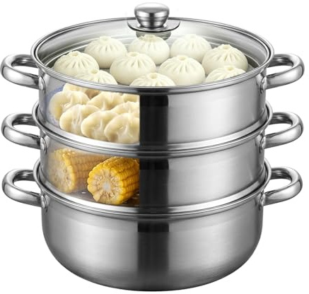 Dampfgarer 28 cm aus Edelstahl, 3- & 4-stöckiger Dampfgarer Topf mit Glasdeckel, Stapelbarer Dampfkochtopf für Gemüse, Fisch, Pasta & Suppen, für Induktion & Gas (3-Etagen)
