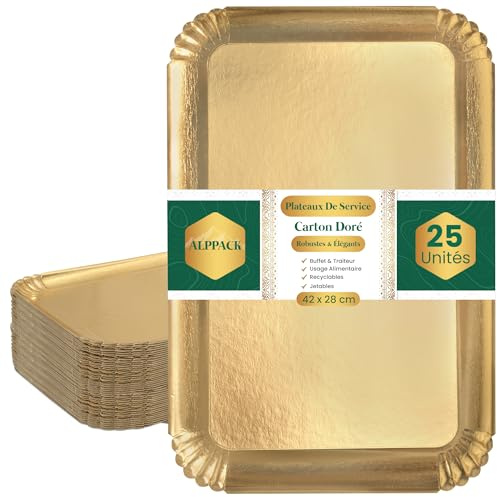 Vassoio da servizio in cartone spesso dorato, 42 x 28 cm, confezione da 25 vassoi usa e getta, eleganti – espositore antipasto, vassoio usa e getta, con piatti usa e getta, per matrimoni e ricevimenti