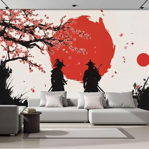 SMBHIAON Panoramic Wallpaper Mural Black Red,Japanese Style,Samurai Cherry Blossoms Red Sun Effect, 400 × 280 Cm Wall Sticker Poster Decoration