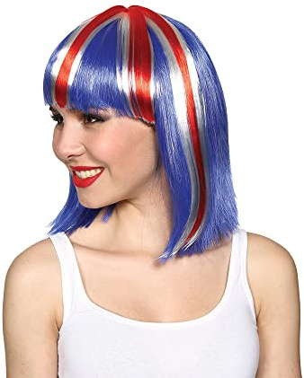 Wicked Costumes Union Jack Bob Wig, British Fan Fancy Dress for Adults | Short Union Jack bob wig with red, white and blue hair for British sporting events, parties and adult fancy dress.