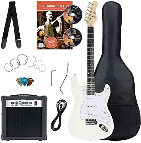 Rocktile Banger's Pack Komplettset E-Gitarre Weiß (Verstärker, Tremolo, Tasche, Kabel, Gurt, Plecs, Ersatzsaiten und Schule mit CD/DVD)