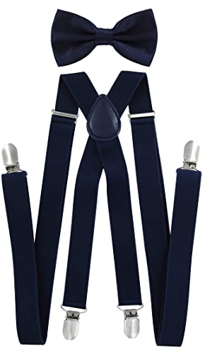 axy Hochwertige Herren Hosenträger mit Fliege - 4 Starken Clips X-Form (Dunkelblau (Hosenträger Breit 2,5cm))