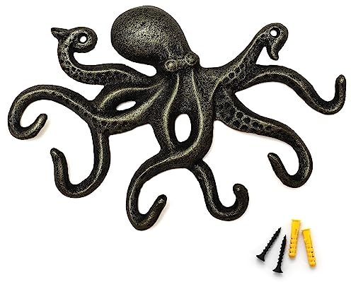ChasBete Garderobenhaken Vintage Wandhaken, Krake Kleiderhaken Wand Haken Gusseisen mit 6 Haken - Bronze