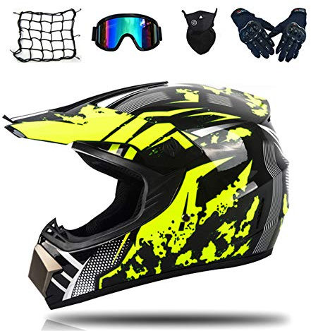 Motocross Helm, MRDEAR Fullface MTB Helm Motorrad Crosshelm mit Brille (5 Stück) Off Road Schutzhelm Motorradhelm für Kinder Herren Damen Sicherheit Schutz, DOT-Zertifikat, 3 Stile Verfügbar,Gelb,L