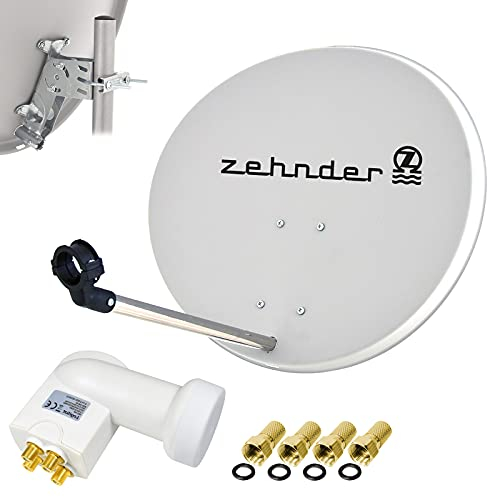 Zehnder 60cm Spiegel Schüssel Stahl + LogiSat Quad LNB | 4 Teilnehmer HD Digital SAT Anlage Set hellgrau | DVB-S/S2 Full HDTV 3D 4K Ultra HD UHD Empfang