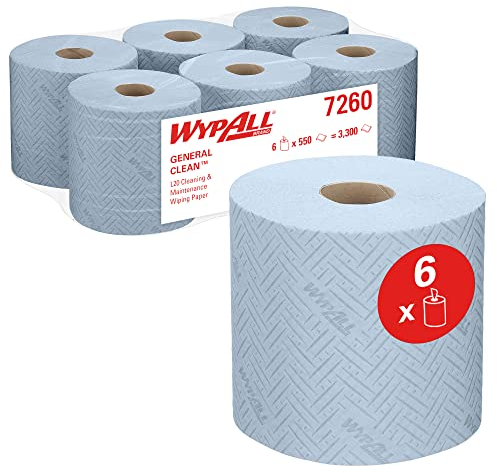 WypAll L20 General Clean Blue Cleaning and Maintenance Wipes 7260-2 Ply Centrefeed Roll - 6 Blue Rolls of 550 Paper Cleaning Wipes (Total 3,300)