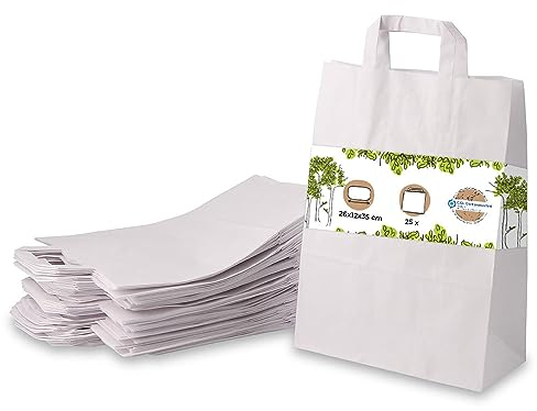 BIOZOYG 25x Papiertragetaschen 26 x12 x 35 cm - weiße Papiertüten mit Henkel Einkaufstüten - Papiertaschen Geschenktüten Tragetaschen Kraftpapier