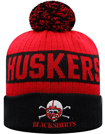 Top of the World NCAA Arctic Striped Cuffed Knit Pom Beanie Hat (Nebraska Cornhuskers/Blackshirts, Einheitsgröße), Rot/Ausflug, einfarbig (Getaway Solids), Einheitsgröße