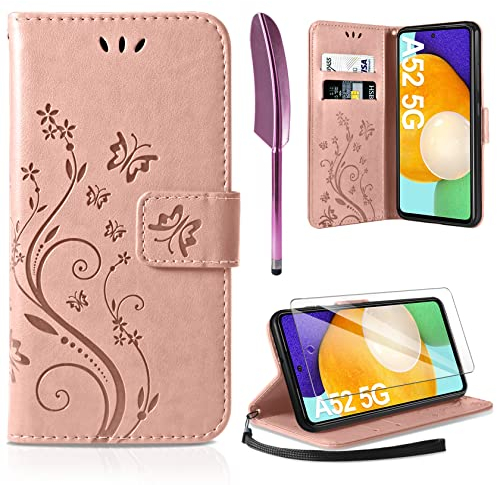 AROYI Lederhülle Kompatibel mit Samsung Galaxy A52 5G/4G/A52S 5G Hülle und Schutzfolie, Flip Wallet Handyhülle PU Leder Tasche Case Schutzhülle Kompatibel mit Samsung Galaxy A52 5G Roségold