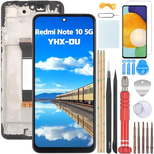 YHX-OU 6.50'' Negro + Marco Pantalla LCD para Xiaomi Redmi Note 10 5G M2103K19G M2103K19C Kit de Reparación de Pantalla Táctil Digitalizador con Herramientas + Vidrio Templado