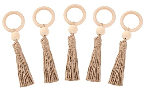 HLIWS 5 Stück Serviettenringe Holz,Holzperlen Serviettenringe mit Quasten,Boho-Serviettenschnalle,für DIY handgefertigte Dekorationen Handwerk Machen