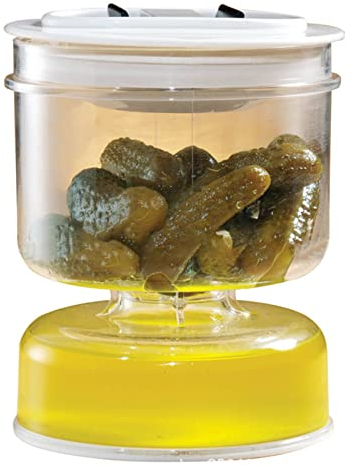 Tarro de pepinillos y aceitunas, recipiente de reloj de arena con colador a prueba de fugas, tarro de pepinillos boca abajo para separar jugo de pepinillos de húmedo y seco
