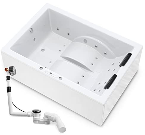 AQUADE Jаcuzzі 2 Person Whirlpool Badewanne Marburg LUX 180x130 mit LED Whirlpool Beleuchtung & Badekissen für Badewanne, Badewannen Ablaufgarnitur und Überlaufgarnitur mit Zulauf