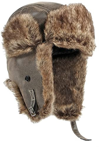 GIBZ Kunstfell Fliegermütze Herren Damen mit Ohrenschutz Warme Trappermütze Leder Russisch Mütze für Winter, Khaki
