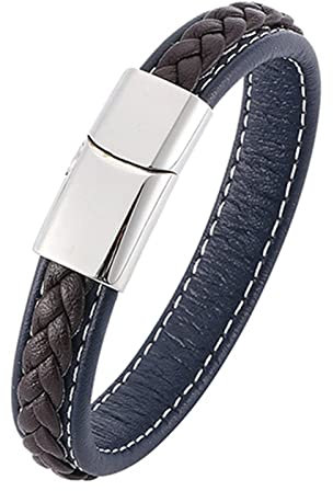 Ayoiow Armreifen Herren, Armband Jungen Edelstahl Armband Leder Jungen Blau Braun Armband mit Silber Schnalle