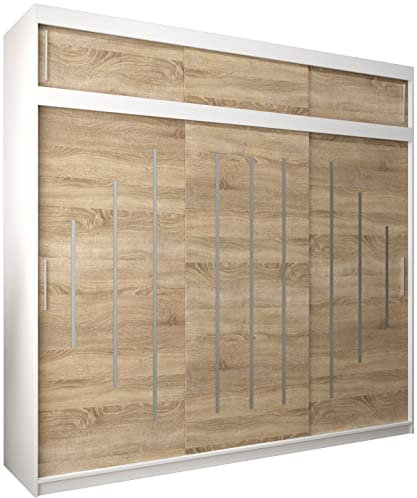 Kryspol Schwebetürenschrank York 250 cm Kleiderschrank mit Kleiderstange und Einlegeboden Schlafzimmer- Wohnzimmerschrank Schiebetüren Modern Design (Weiß + Sonoma mit Erweiterung)