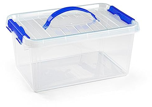 Acan Tradineur - Scatola portaoggetti trasparente con manico blu, in plastica, contenitore per giocattoli, libri, vestiti, coperte, n. 22-22 x 34 x 15,5 cm, 8 litri