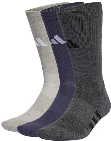 adidas Unisex Performance Cushioned Crew Socks 3 Pairs, Medium Grey Heather/Dark Grey Heather/Shadow Navy, 40-42