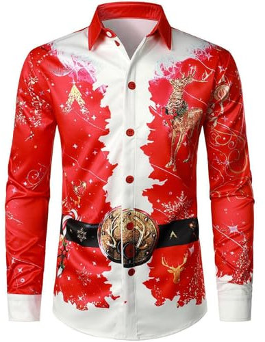 JIANROU Chemise De Noël Homme Fantaisie Imprimé Chemise,Chemise Homme Bleu Foncé Moche Noël Chemise Blanche Manches Longues Homme Imprimé Noël Chemise Carreaux Flanelle Homme