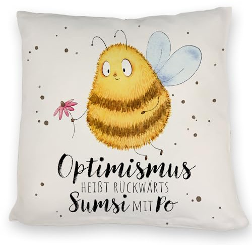 speecheese Pummel Biene Kissen mit Spruch Optimismus heißt rückwärts Sumsi mit Po EIN bequemes DekoKissen für das Sofa Frauen Geburtstag Kuscheliger Kissen bezug Hummel Bedruckt Motiv