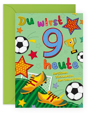 Central 23 Geburtstagskarte Zum 9. Geburtstag Für Jungen – Fußball – Geburtstagskarte Für Mädchen – 9 Jahre Alt – Geschenk Für Kinder Sohn Tochter – Mit Aufklebern