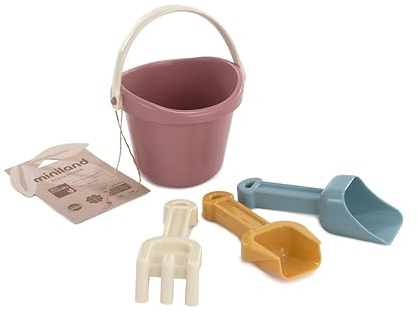 Miniland - Eco Set de Arena Bebé Multicolor Warm para Jugar en la Playa. Juguetes de Arena de Playa, Juguetes Playa Bebe con Cubo, Juego Cubo y Palas Playa.