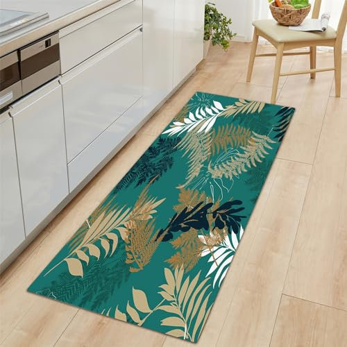 Tapis de Cuisine Vert Antidérapant et Lavable 60x180cm - Tapis Couloir Long Motifs Feuilles De Palmiers Tropicaux, Tapis d Entree Interieur, Tapis Devant Evier Absorbant Décoratif