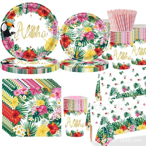 Tropical Luau Party Supplies Hawaiian Flamingo Party Tablewares Set, Hawaiian Paper Plates Napkins Cups and Tablecloth for Hawaiian Beach Birthday Party Dinnerware Decorations-16 Guest