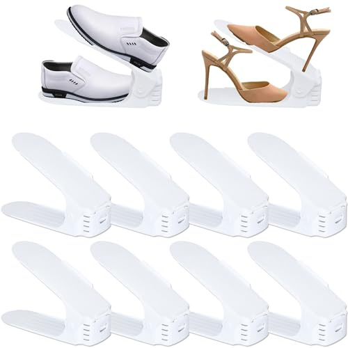 FIVMEN 30 Stück Einstellbare Schuhschlitze aus PP Anti-rutsch Schuhregale Höhenverstellbare Schuhstapler Platzsparend Schuhorganizer Set Haushalt Schuhaufbewahrung Doppelschicht Schuhhalter (Weiß)