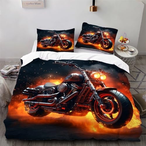 Ruiqieor Bettwäsche 135x200cm,Motorrad durch Feuer Motiv Bettwäsche Set 3teilig,1 Bettbezug+2 Kissenbezug 80x80 cm,3D gedruckte Bettwäsche（#6）