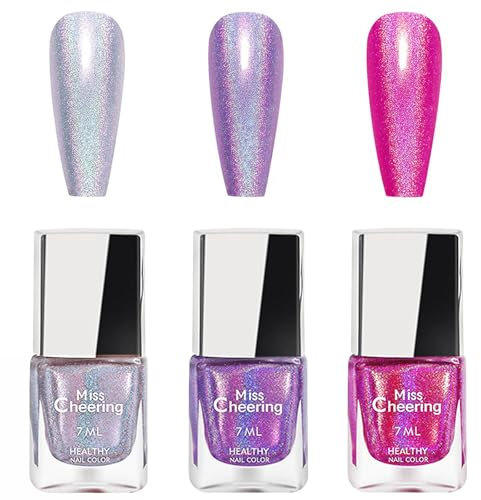 3PCS Glitter Nail Polish Sets - Holographic Nail Varnish Sets - Rainbow Reflective Laser Nail Varnish - Pink Purple Silver Color Quick Dry Nail Polish Air Dry DIY Manicure