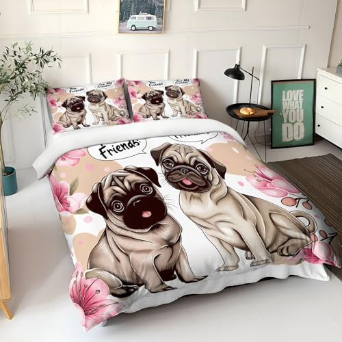 Bettwäsche 3teilig Bettbezug, Cartoon Tier Mops Bettbezug 135x200 cm Mikrofaser mit Kopfkissenbezug mit Reißverschluss 80x80cm*2 Bunt