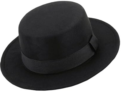 Happyupcity Schwarzer klassischer Fedora-Hut mit breiter Krempe, Pork Pie Hut, flache Oberseite, Bootsfahrer, Trilby-Hut für Damen und Herren, Schwarz , Einheitsgröße