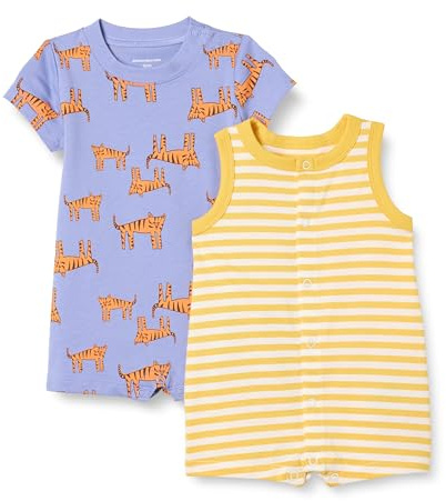 Amazon Essentials Unisex Babies' Cotton Jersey Sleeveless and Short-Sleeve Romper Set, Pack of 2, Purple Melon Tiger/Stripe, 3-6 Months