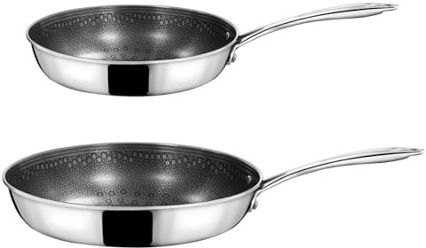 CUISINOX - Virtuo - 2 poêles 24-28 cm - Fond triply, revêtement nid d'abeille antiadhérent - Compatible tous feux - Acier inoxydable - Finition Satiné - Sans PFOA et PFAS - Made in France