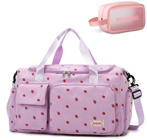 BEULPTN Small Gym Bag for Women, Travel Duffle Bag Carry On Weekender Bag with Shoe Compartment, Strawberry#Purple, Gym Bag&Toiletry Bag