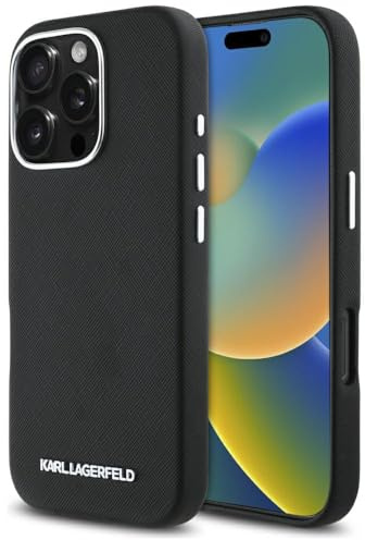 CG MOBILE Karl Lagerfeld Saffiano Full Wrapped Elongated Metal Logo Hülle für iPhone 16 Pro kompatibel mit MagSafe (Schwarz)