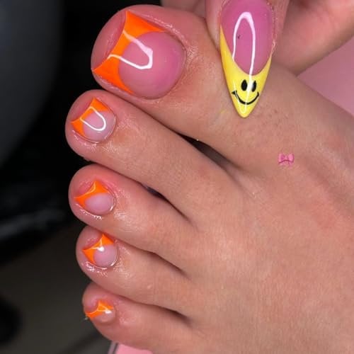 SXVME 30 Pcs Orange French Tip Press on ToeNails For Women, Natural Nude Toe Press on Nails Short Square, Glossy Gel Full Cover Acrylic Fake Toenails Press on for Decoration