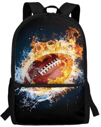 Jndtueit Football Rugby Water Fire Black School Bag for Boys Teens Schoolbag 17 Inch Travel Backpack Tablet Tote Bags Bookbags Knapsack