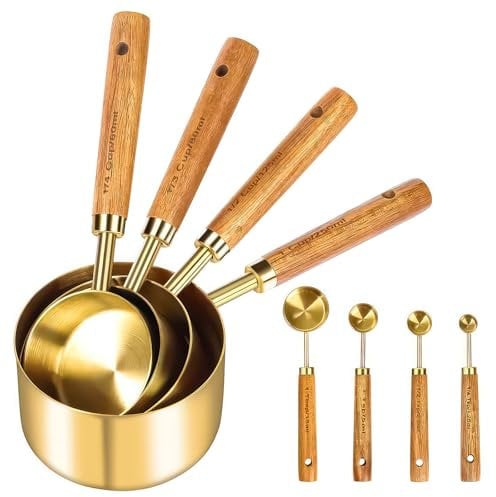 Measuring Cups and Spoons Set, 8 Pack Gold Measuring Spoons with Acacia Wood Handle Stainless Steel Dry & Liquid Measuring Cups for Baking Cooking