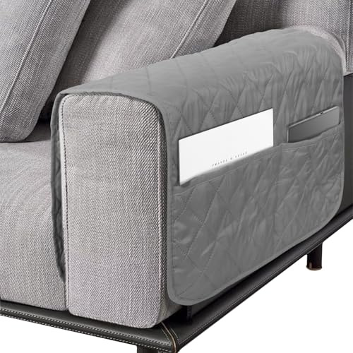 Srvillg Armrest Chair Cover, 1pc Grey Sofa Armrest Covers, Waterproof Armchair Covers with Pockets for Arms Recliner Chairs Sofas (Grey)