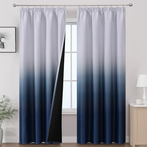VEHEDE 229cm Lange Ombre Blackout Vorhang, Licht Blocking Thermo Vorhänge mit Kräuselband, Dunkelblau und Weiß Gradient Gardinen für Zimmer Fenster Dekor, 2er Set, H229 x B132 cm