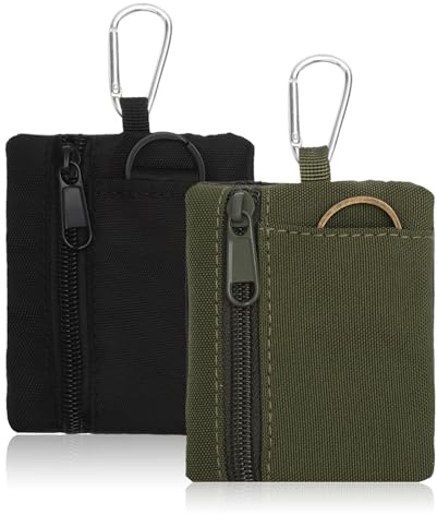 XRVRILE 2 Stück Schlüsseltasche Klein Herren, Canvas Mini Geldbörse Mini Geldbeutel, Taktische Münztasche Outdoor Bag mit Karabiner, Schlüssel Organizer Münztaschen für Männer Schwarz